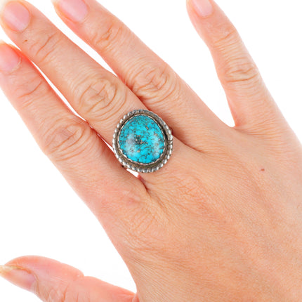sz8.75 vintage Navajo sterling silver spiderweb turquoise beaded edge ring