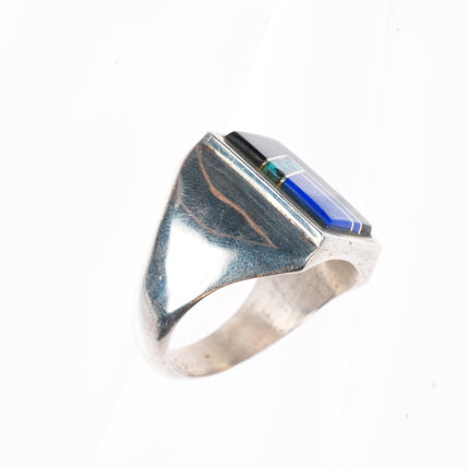 sz10.5 Zuni high grade turquoise, lapis, jet sterling silver inlaid ring