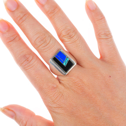 sz10.5 Zuni high grade turquoise, lapis, jet sterling silver inlaid ring