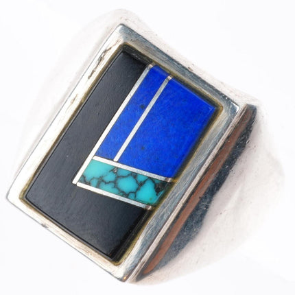 sz10.5 Zuni high grade turquoise, lapis, jet sterling silver inlaid ring