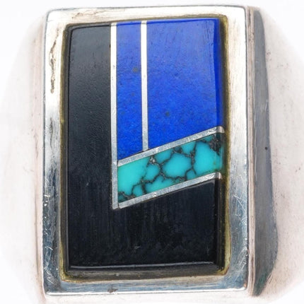 sz10.5 Zuni high grade turquoise, lapis, jet sterling silver inlaid ring
