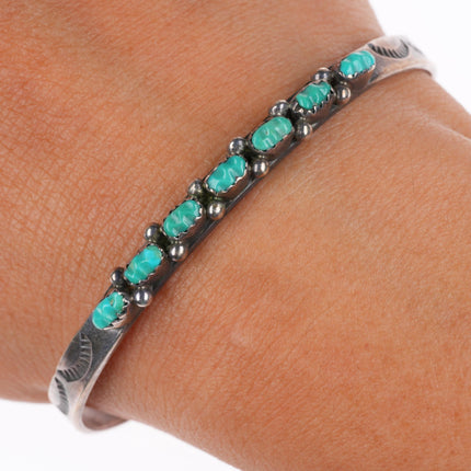 6.5" 1940's-50's Zuni sterling silver carved turquoise stacker row cuff bracelet