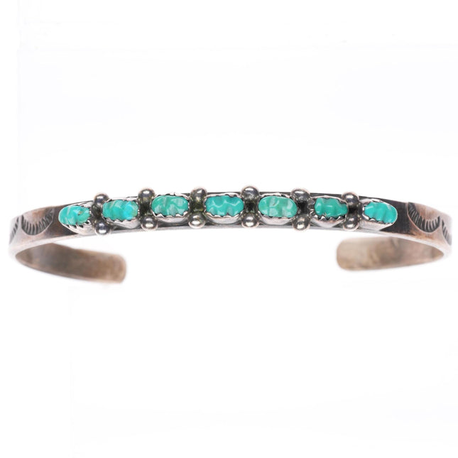 6.5" 1940's-50's Zuni sterling silver carved turquoise stacker row cuff bracelet