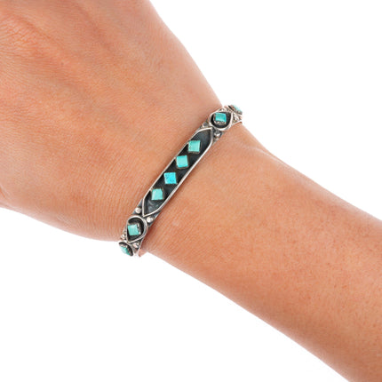 6" vintage Esalalio Zuni sterling silver turquoise inlay row cuff bracelet