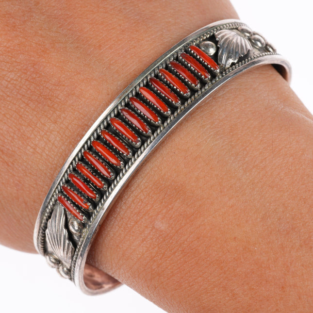6.25" vintage Dave Nieto Zuni sterling silver coral needlepoint cuff bracelet