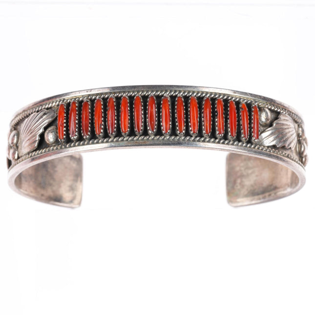 6.25" vintage Dave Nieto Zuni sterling silver coral needlepoint cuff bracelet