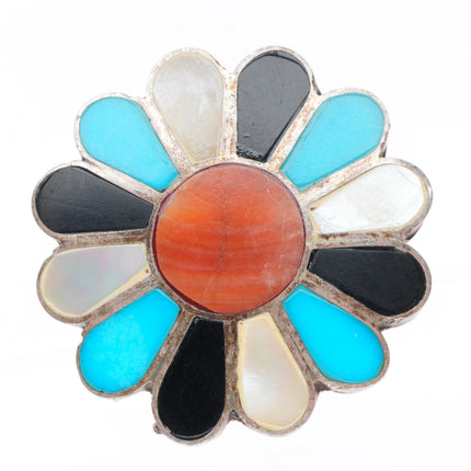 sz7 vintage Zuni sterling silver spiny oyster, turquoise, shell flower/sun ring