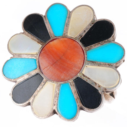 sz7 vintage Zuni sterling silver spiny oyster, turquoise, shell flower/sun ring