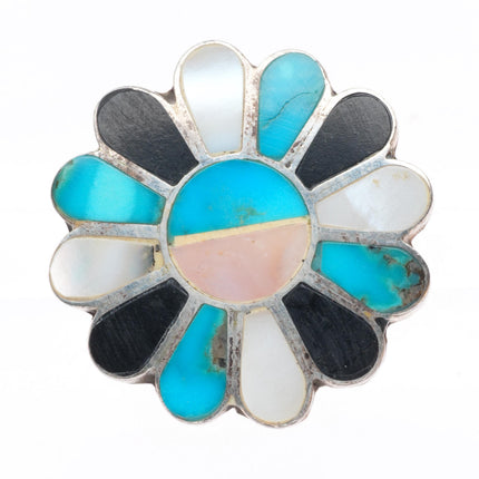 sz6.5 vintage Zuni sterling silver turquoise, shell, jet flower/sun ring