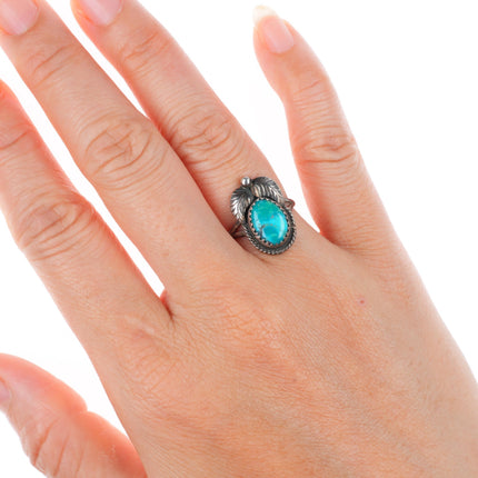 sz 5.75 John Chavez Navajo sterling silver turquoise ring with feather design