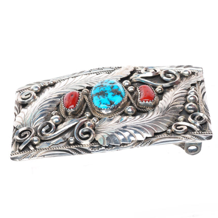 Justin Morris Navajo turquoise/coral sterling silver buckle for 1.5" belt