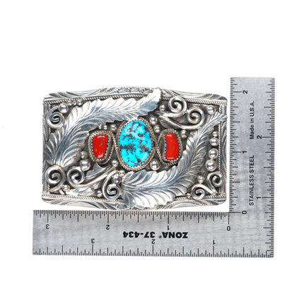 Justin Morris Navajo turquoise/coral sterling silver buckle for 1.5" belt