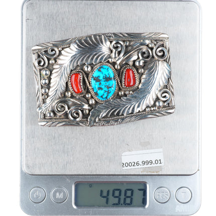Justin Morris Navajo turquoise/coral sterling silver buckle for 1.5" belt