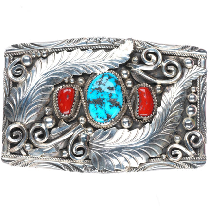 Justin Morris Navajo turquoise/coral sterling silver buckle for 1.5" belt
