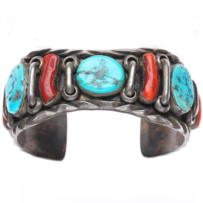 7.5" vintage Pete Paquin Zuni sterling silver turquoise and coral cuff bracelet
