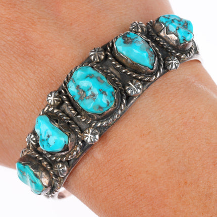 6.1" Vintage RL Zuni sterling silver turquoise row cuff bracelet