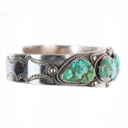 7.1" 1940's-50's Navajo hand stamped sterling silver turquoise row cuff bracelet
