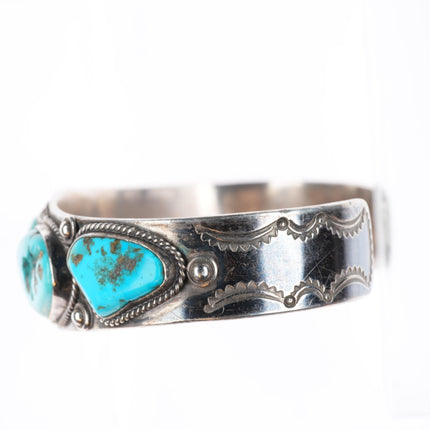 7.1" 1940's-50's Navajo hand stamped sterling silver turquoise row cuff bracelet