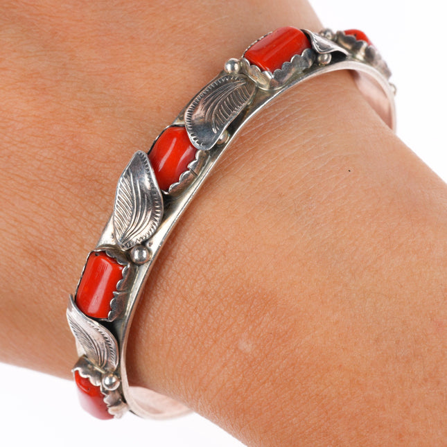 6.8" vintage FF Zuni sterling silver coral leafwork row cuff bracelet