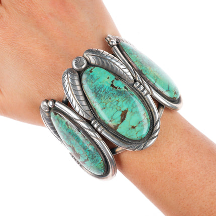 5.9" Vintage Navajo sterling silver 3 stone large green turquoise cuff bracelet