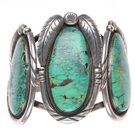 5.9" Vintage Navajo sterling silver 3 stone large green turquoise cuff bracelet