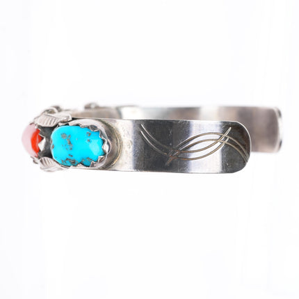 6" Penketewa Zuni sterling silver turquoise and coral row cuff bracelet
