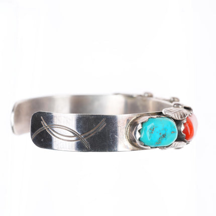 6" Penketewa Zuni sterling silver turquoise and coral row cuff bracelet