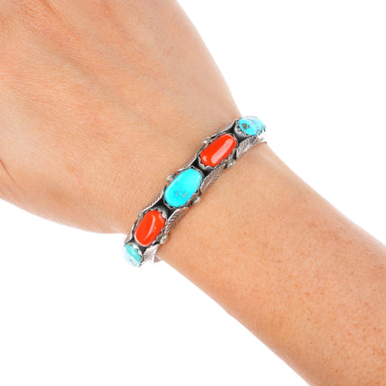 6" Penketewa Zuni sterling silver turquoise and coral row cuff bracelet