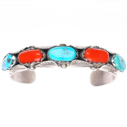6" Penketewa Zuni sterling silver turquoise and coral row cuff bracelet