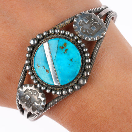 6.75" 1930's vintage Navajo sterling silver turquoise thunderbird cuff bracelet