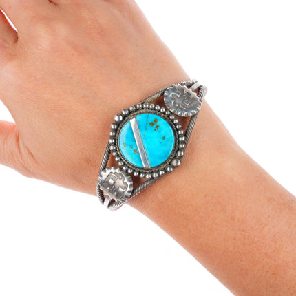 6.75" 1930's vintage Navajo sterling silver turquoise thunderbird cuff bracelet
