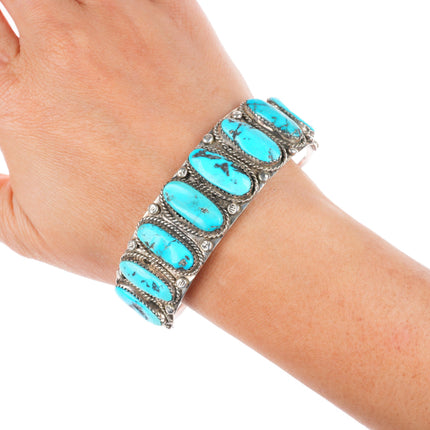 6.75" 1940's-50's Navajo turquoise row cuff bracelet sterling silver