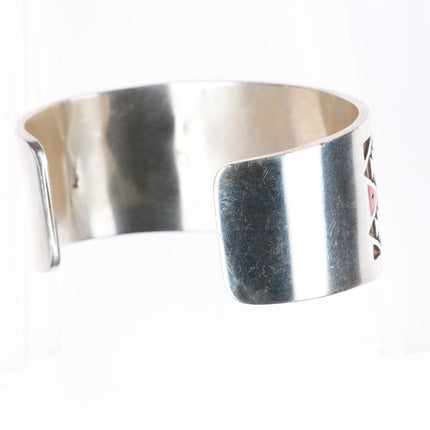 7" LH Navajo sterling silver coral flush inlay turquoise cuff bracelet