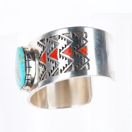 7" LH Navajo sterling silver coral flush inlay turquoise cuff bracelet