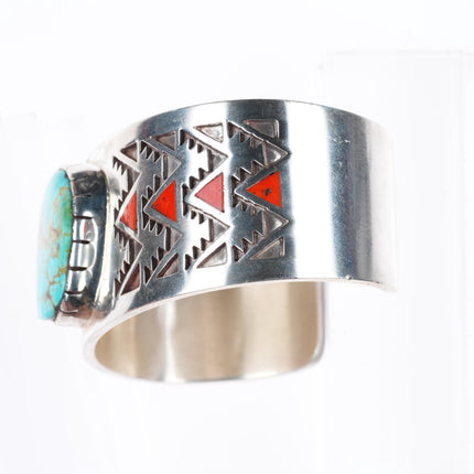 7" LH Navajo sterling silver coral flush inlay turquoise cuff bracelet