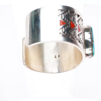 7" LH Navajo sterling silver coral flush inlay turquoise cuff bracelet