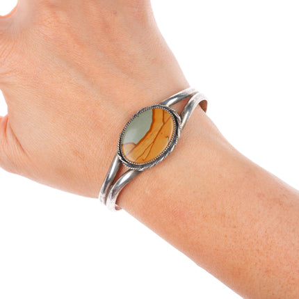 6.4" vintage Navajo sterling silver picture jasper cuff bracelet