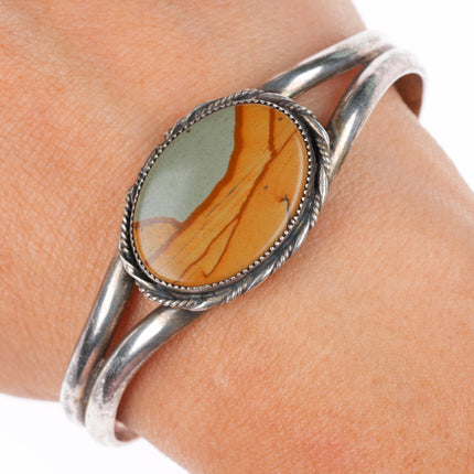6.4" vintage Navajo sterling silver picture jasper cuff bracelet