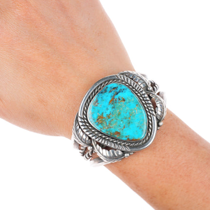 5.7" vintage Navajo sterling silver heavy cuff bracelet with nice turquoise