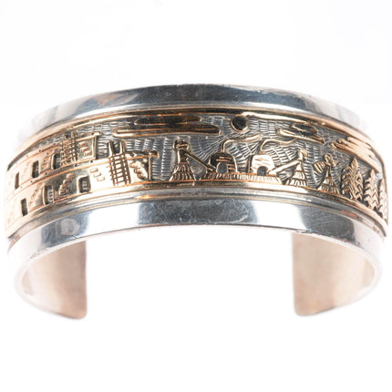 6.3" Mark Yazzie Navajo 14k gold - sterling silver storyteller cuff bracelet