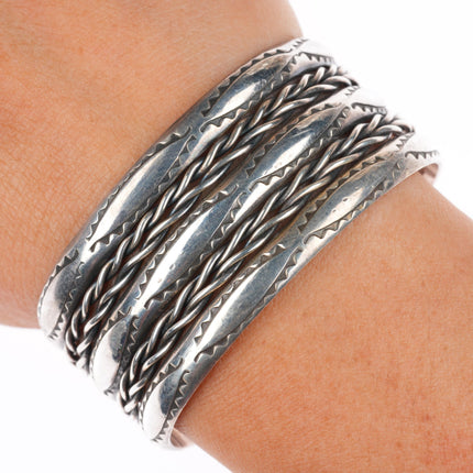 6.2" vintage Navajo sterling silver stamped/twisted wire wide cuff bracelet