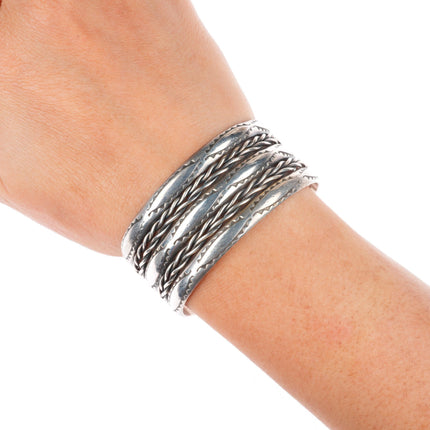 6.2" vintage Navajo sterling silver stamped/twisted wire wide cuff bracelet