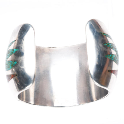 6.25" vintage Navajo sterling silver chip inlay turquoise heavy cuff bracelet