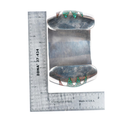 6.25" vintage Navajo sterling silver chip inlay turquoise heavy cuff bracelet