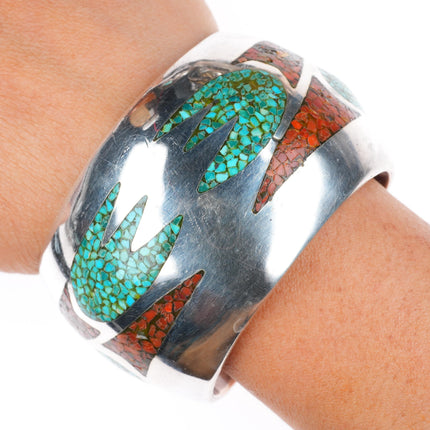 6.25" vintage Navajo sterling silver chip inlay turquoise heavy cuff bracelet
