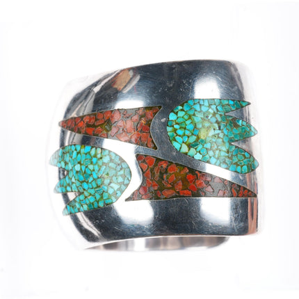 6.25" vintage Navajo sterling silver chip inlay turquoise heavy cuff bracelet