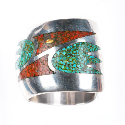 6.25" vintage Navajo sterling silver chip inlay turquoise heavy cuff bracelet
