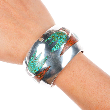 6.25" vintage Navajo sterling silver chip inlay turquoise heavy cuff bracelet