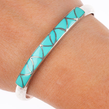 6.25" vintage SMJ Zuni sterling silver turquoise channel inlay cuff bracelet