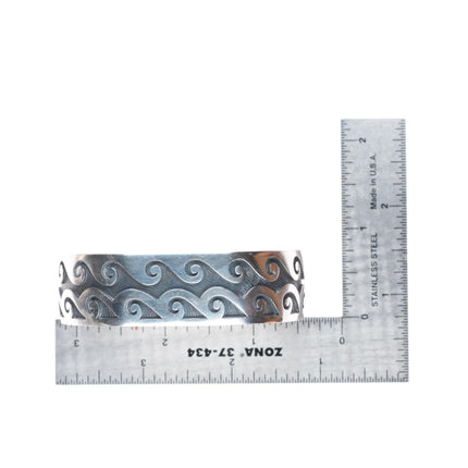 7.2" Mark Tawahongva Hopi overlay water/wave sterling silver cuff bracelet